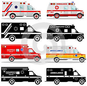 Medical concept. Different kind car ambulances isolated on white background in flat style: colored and black silhouette. Vector il