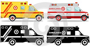 Medical concept. Different kind jewish car ambulances isolated on white background in flat style: colored and black