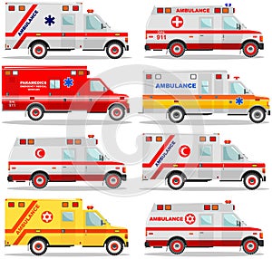 Medical concept. Different kind jewish, muslim, american, european car ambulances isolated on white background in flat style. Vect