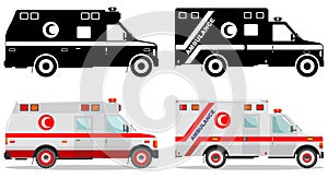 Medical concept. Different kind muslim car ambulances isolated on white background in flat style: colored and black