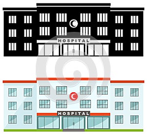 Medical concept. Different kind muslim hospital building isolated on white background in flat style: colored and black silhouette.