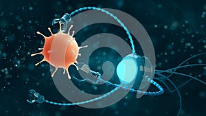 Medical concept in the field of nanotechnology. A nanobot studies or kills a virus. 3 d rendering