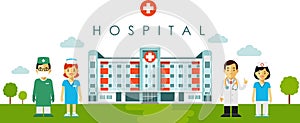 Medical concept with hospital building and doctor in flat style