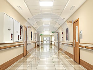 Medical concept. Hospital corridor with rooms. 3d illustration