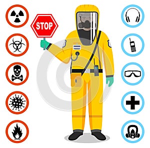 Medical concept. Illustration of standing doctor holds a stop sign. Man in yellow protective suit and mask. Dangerous