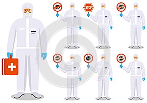 Medical concept. Illustration of standing doctor holds warning coronavirus sign. Man in protective suit and mask