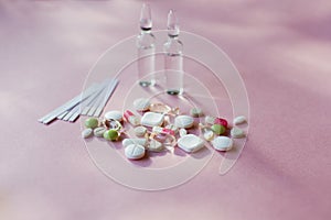 Medical concept. Pills, ampoules, ketone strips photo