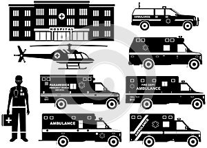 Medical concept. Set of different silhouettes ambulance cars, hospital, emergency doctor man and helicopter on white back