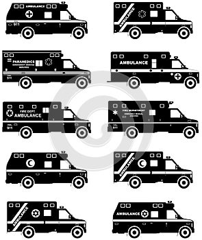 Medical concept. Set of different silhouettes jewish, muslim, american, european car ambulances isolated on white