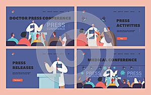 Medical Conference Landing Page Template Set. Man Doctor On Tribune Speak To Audience Making Report About Of Health Care