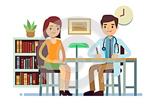 Medical consultation with doctor and young woman patient vector medicine flat concept