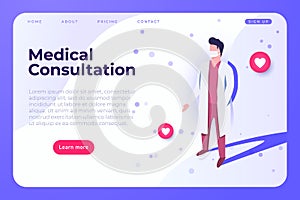 Medical consultation landing web page illustration with doctor in lab coat.