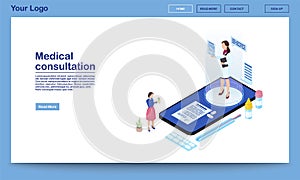 Medical consultation online isometric promo webpage template. Ehealth mobile app advertising landing page with text space. Patient