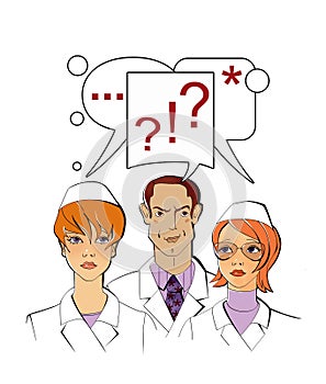 Medical consultation. Two female doctors and a male doctor. Speech bubble