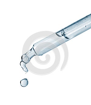 Medical or cosmetic pipette with dripping drops close-up on a white background