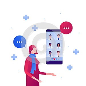 Medical council and online doctor teleconference concept. Vector flat person illustration. Woman patient talking with group of