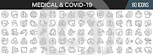 Medical and covid-19 line icons collection. Big UI icon set in a flat design. Thin outline icons pack. Vector illustration EPS10