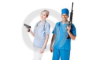 Medical crew nurse and doctor in uniform with guns