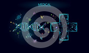 Medical cross DNA gene therapy concept. Medical consultation app. Web healthcare diagnosis geometric modern hospital