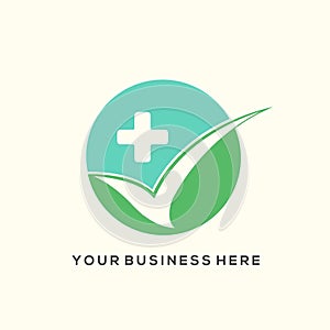 Medical cross logo with leaf. Healthcare and medicine sign in circular, badge style.