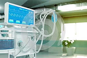 Medical 3D illustration, ICU artificial lung ventilator with fictive design in therapy clinic with selective focus - fight photo