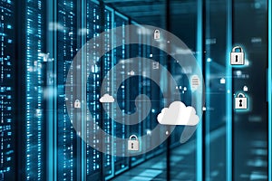 Medical data cloud storage concept, secure server room background, floating digital locks