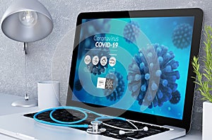 medical desktop computer with covid-19 info