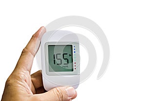 Medical device, digital blood glucose test use to measure patient blood glucose at home or hospital isolated on white.