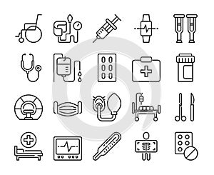 Medical device icons. Medical equipment line icon set. Editable Stroke.