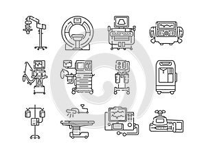 Medical devices line black icons set. MRI, anesthesia machine, syringe pump, dropper, defibrillator, Signs for web page, mobile