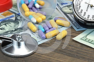 Medical Devices, Pills and Capsules on Money on Wooden Table