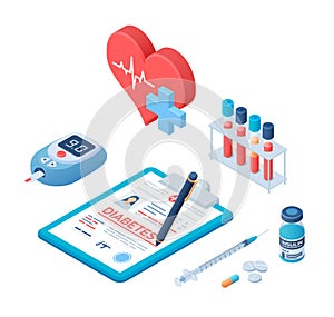 Medical diagnosis - Diabetes. Diabetes mellitus type 2 and insulin production concept. Blood glucose meter, pills, syringe and