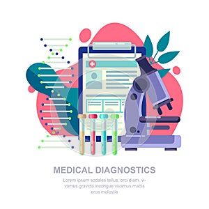 Medical diagnostic concept. Lab research, DNA and blood test vector flat illustration