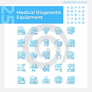 Medical diagnostic equipment pixel perfect gradient linear vector icons set