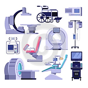 Medical diagnostic examination equipment. Vector illustration of MRI, gynecology and dentist chair, ultrasound machine.