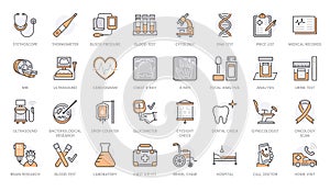 Medical diagnostic line icons. Mri, xray, ultrasound, glucometer, thermometer, cytology, dna test, laboratory and other photo
