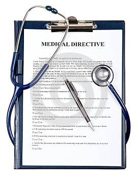 Medical directive document with stethoscope photo