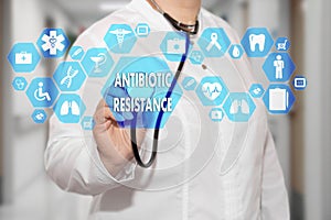 Medical Doctor and ANTIBIOTIC RESISTANCE words in Medical network connection on the virtual screen on hospital photo