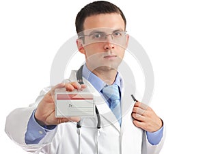 Medical doctor with blank mediical ID's card.