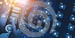 Medical doctor hand holding mobile phone Chatbot conversation app interface and artificial intelligence technology processing photo