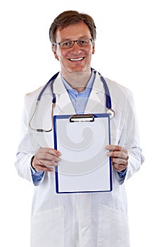 Medical doctor holding clipboard with empty paper