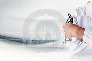 Medical doctor holding stethoscope on hand with background of heart pulse graph