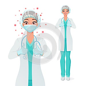 Medical doctor in mask, gloves, coat and scrubs showing thumbs up. Protection from coronavirus. Vector illustration.