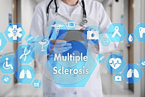 Medical Doctor and Multiple sclerosis , neurological disorder words in Medical network connection on the virtual screen on hospit