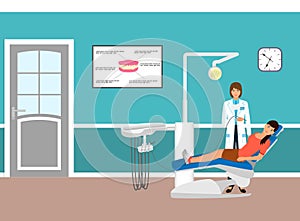 Medical doctor and patient on armchair in dentists office. Woman in dental clinic. Medicine care concept.