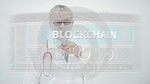 Medical doctor scrolls to BLOCKCHAIN tab on a touchscreen display