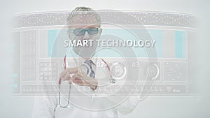 Medical doctor scrolls to SMART TECHNOLOGY tab on a touchscreen display