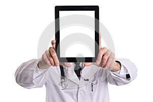 Medical doctor showing digital tablet pc with blank screen.