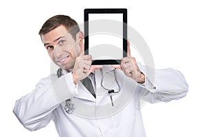 Medical doctor showing digital tablet pc with blank screen.