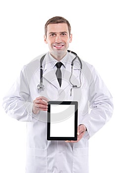 Medical doctor showing digital tablet pc with blank screen.